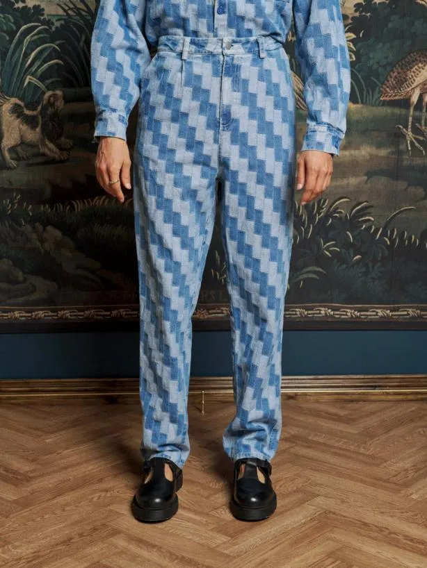 Sister Jane Trousers Menswear Ansel Patchwork Denim Trousers Indigo Blue