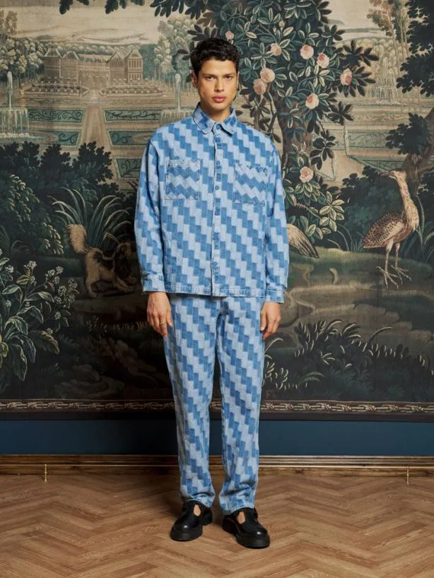Sister Jane Trousers Menswear Ansel Patchwork Denim Trousers Indigo Blue