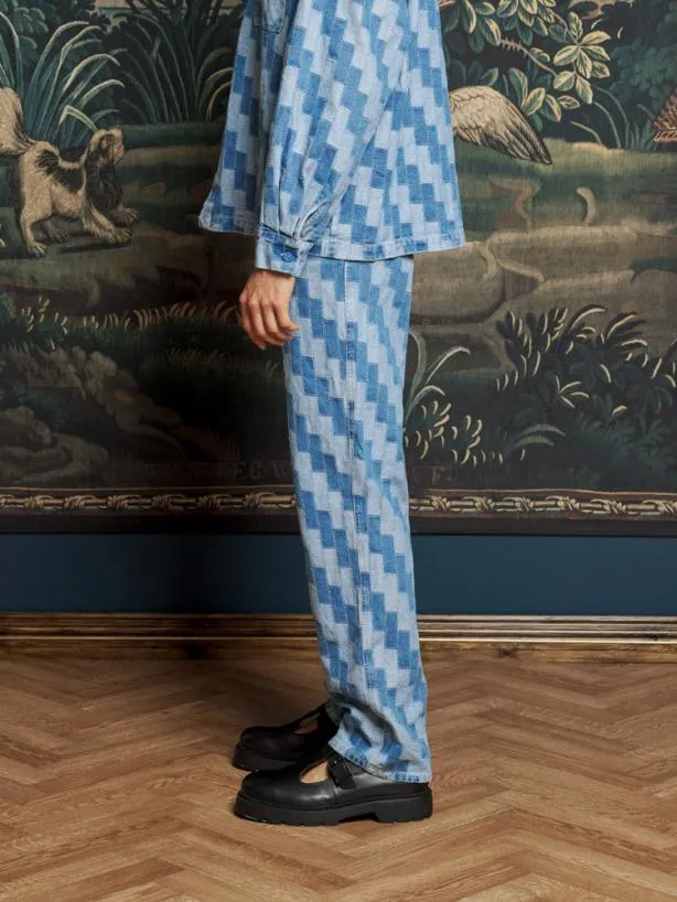 Sister Jane Trousers Menswear Ansel Patchwork Denim Trousers Indigo Blue