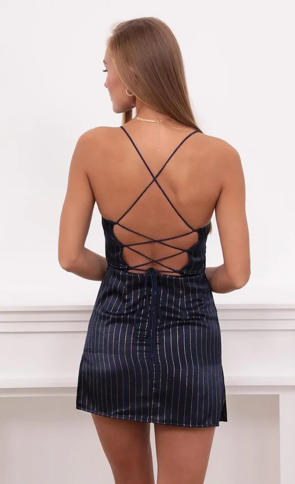 Slip Dress Navy And Gold Stripes Women LUCY IN THE SKY Mini Dresses Slip Dress Navy And Gold Stripes Women LUCY IN THE SKY Mini Dresses