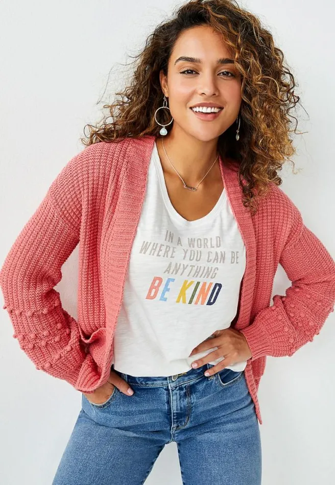 Solid Bobble Sleeve Open Front Cardigan Women Maurices Tops