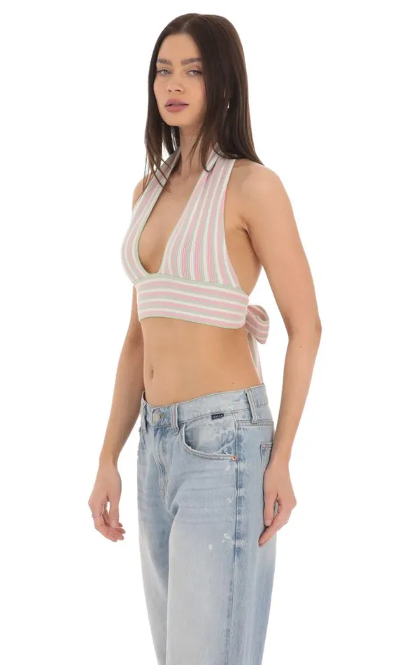 Striped Knit Top Pink And Green Women LUCY IN THE SKY Tops