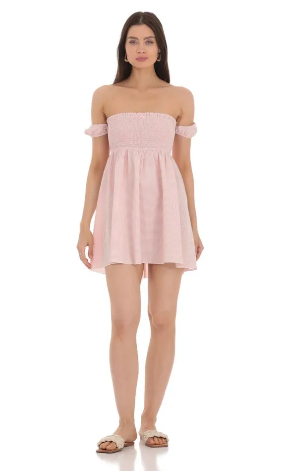 Striped Smocked Off Shoulder Dress Pink Women LUCY IN THE SKY Mini Dresses