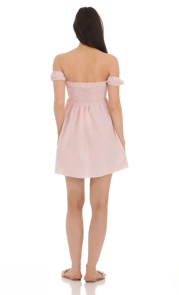 Striped Smocked Off Shoulder Dress Pink Women LUCY IN THE SKY Mini Dresses Striped Smocked Off Shoulder Dress Pink Women LUCY IN THE SKY Mini Dresses