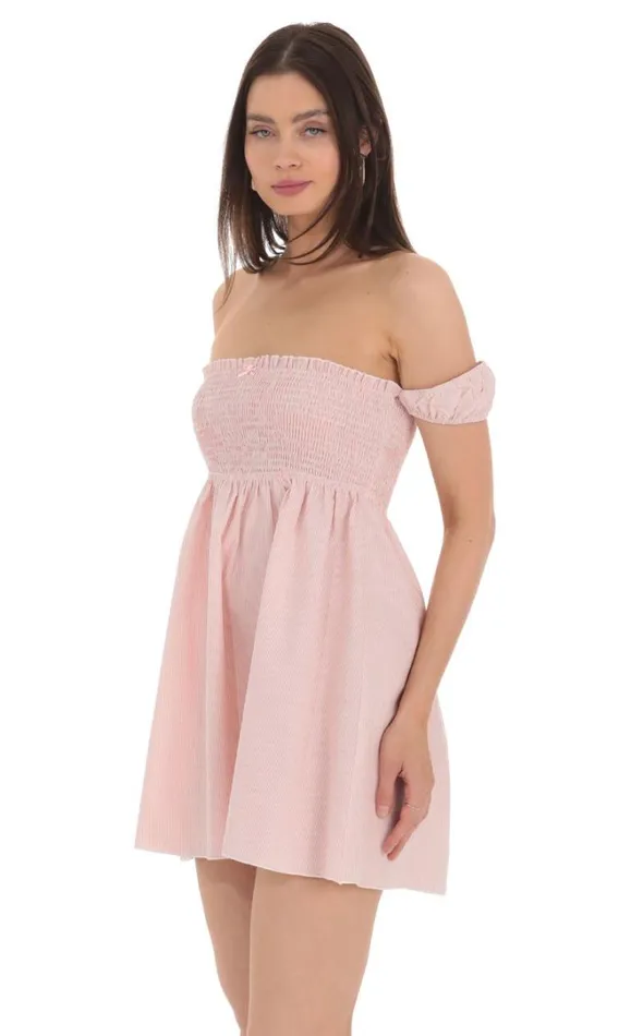 Striped Smocked Off Shoulder Dress Pink Women LUCY IN THE SKY Mini Dresses Striped Smocked Off Shoulder Dress Pink Women LUCY IN THE SKY Mini Dresses