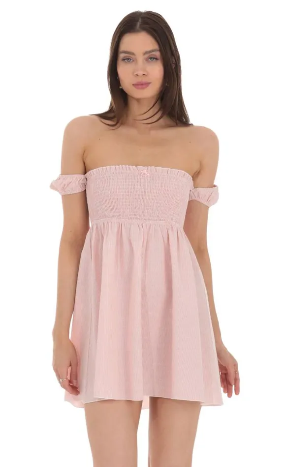 Striped Smocked Off Shoulder Dress Pink Women LUCY IN THE SKY Mini Dresses Striped Smocked Off Shoulder Dress Pink Women LUCY IN THE SKY Mini Dresses