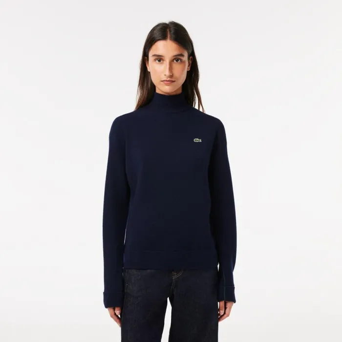 Sweaters and Sweatshirts Women Lacoste Women039s HighNeck Wool Sweater Navy Blue 166