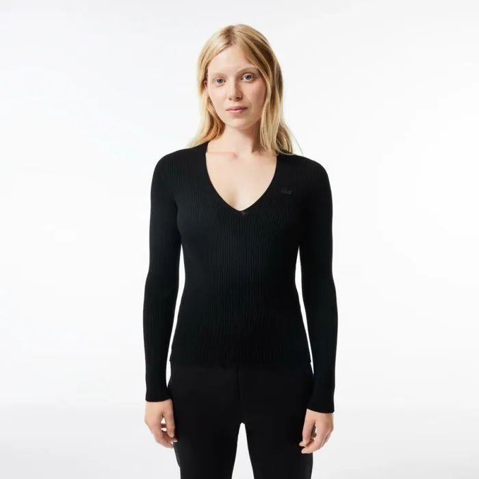 Sweaters and Sweatshirts Women Lacoste Women039s Seamless Ribbed VNeck Sweater Black 031