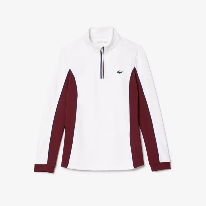 Sweaters and Sweatshirts Women Lacoste Women039s Slim Fit QuarterZip Sweatshirt White Bordeaux Niy