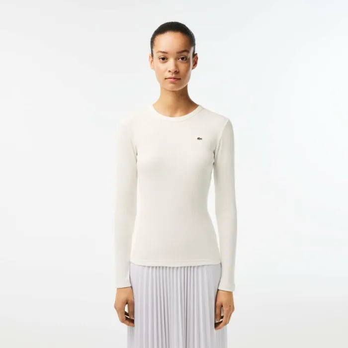 TShirts and Tops Women Lacoste Women039s Long Sleeve Ribbed Cotton TShirt White 70v