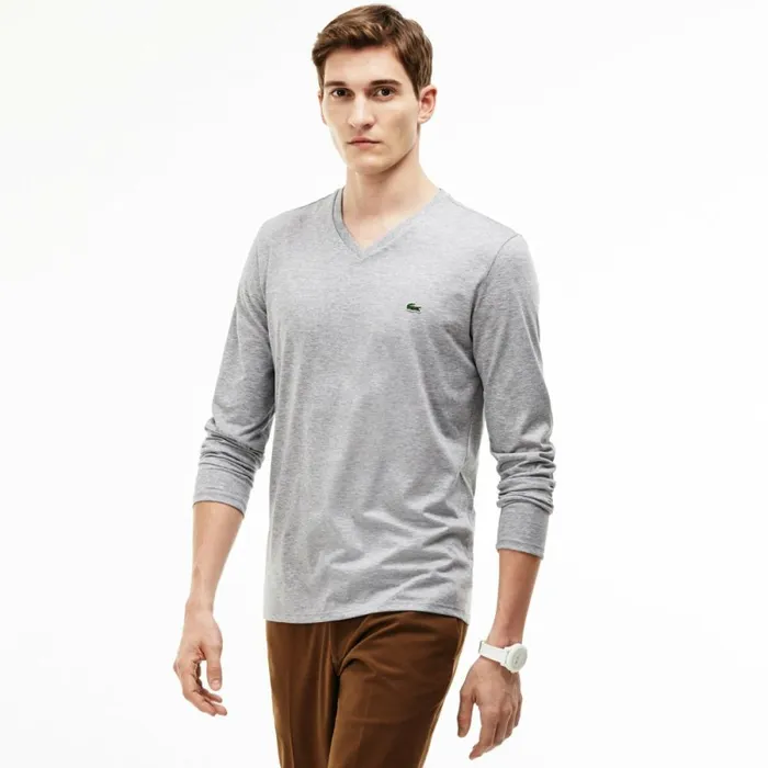 TShirts Men Lacoste Men039s VNeck Lightweight Pima Cotton Jersey TShirt Grey Chine Cca