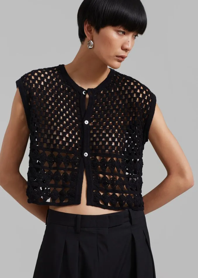 The Frankie Shop Esme Crochet Vest 8211 Black Shop Knitwear