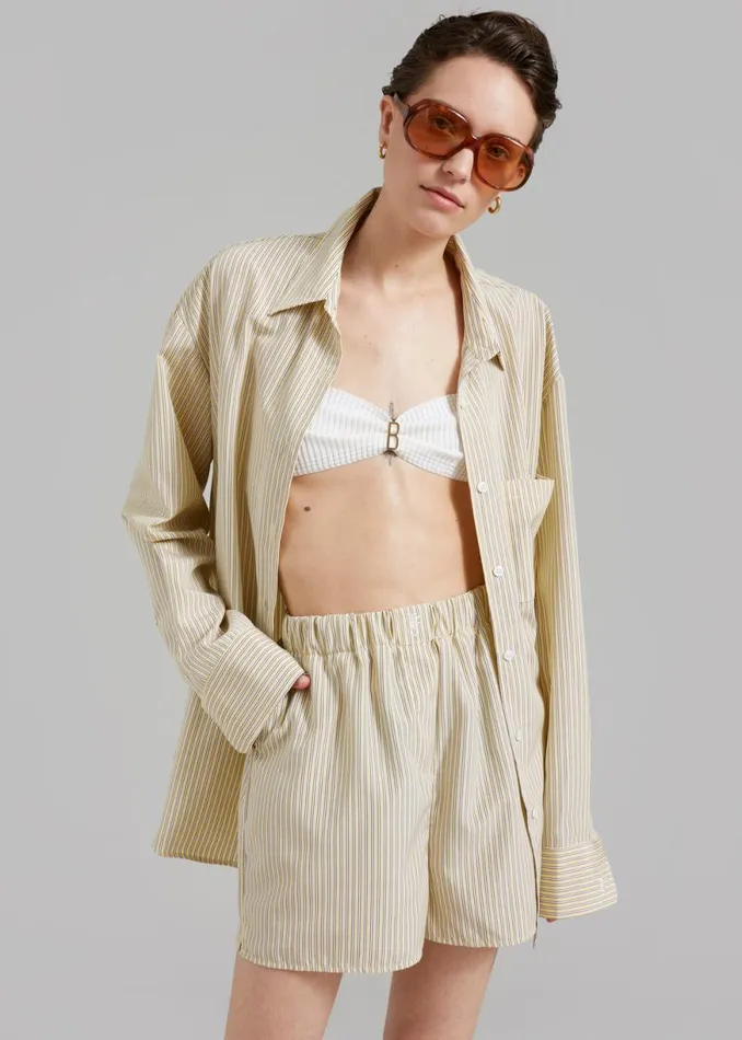 The Frankie Shop Lui Oxford Boxer Shorts 8211 Pale YellowBlack Stripe Shop Bottoms