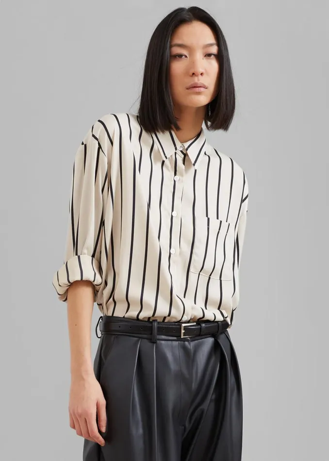The Frankie Shop Lui Satin Shirt 8211 Black Stripe Shop Tops