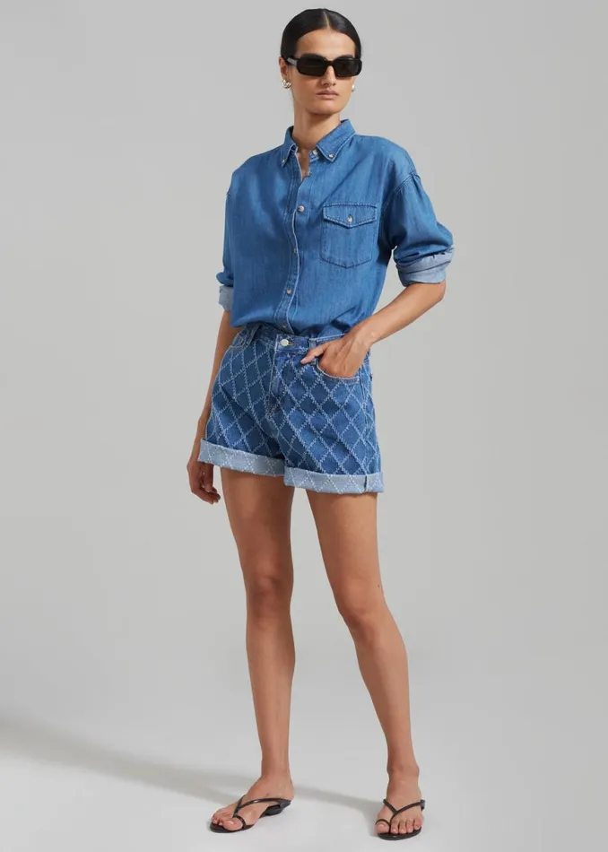 The Frankie Shop Magnolia Distressed Denim Shorts 8211 Medium Wash Shop Clothing