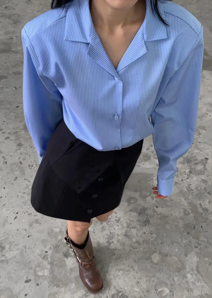 The Frankie Shop Noah Padded Button Up Shirt 8211 Blue Pinstripe Shop Tops