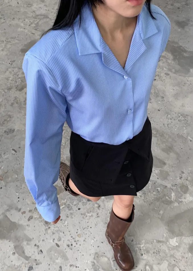 The Frankie Shop Noah Padded Button Up Shirt 8211 Blue Pinstripe Shop Tops