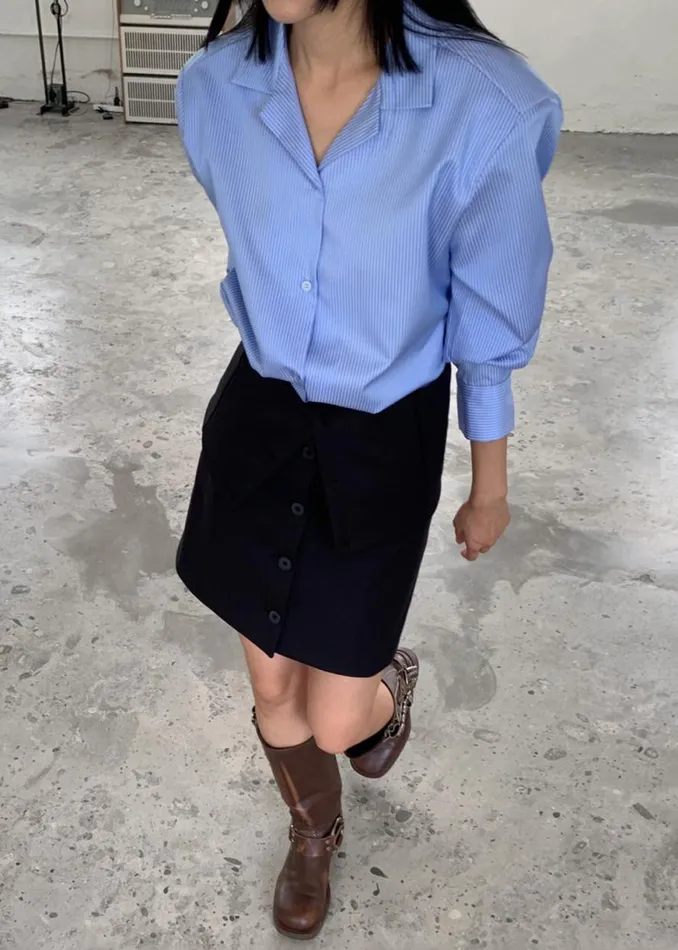 The Frankie Shop Noah Padded Button Up Shirt 8211 Blue Pinstripe Shop Tops