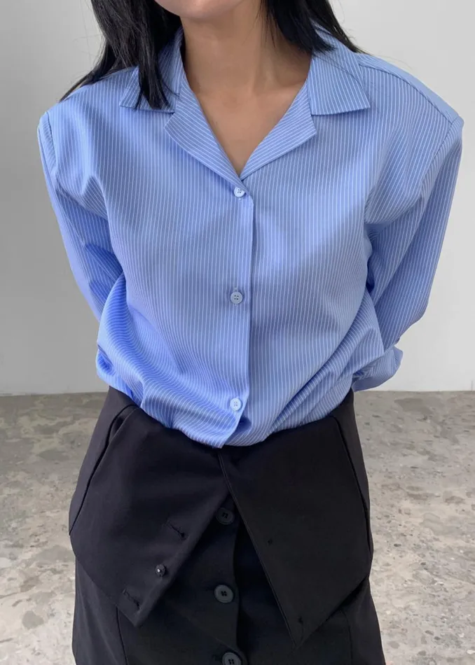 The Frankie Shop Noah Padded Button Up Shirt 8211 Blue Pinstripe Shop Tops