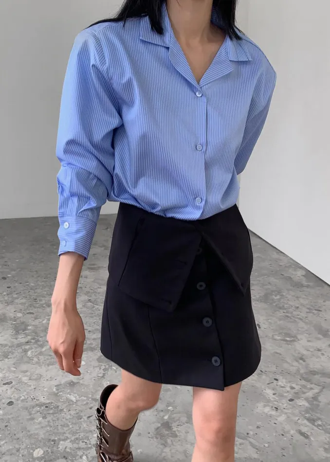 The Frankie Shop Noah Padded Button Up Shirt 8211 Blue Pinstripe Shop Tops