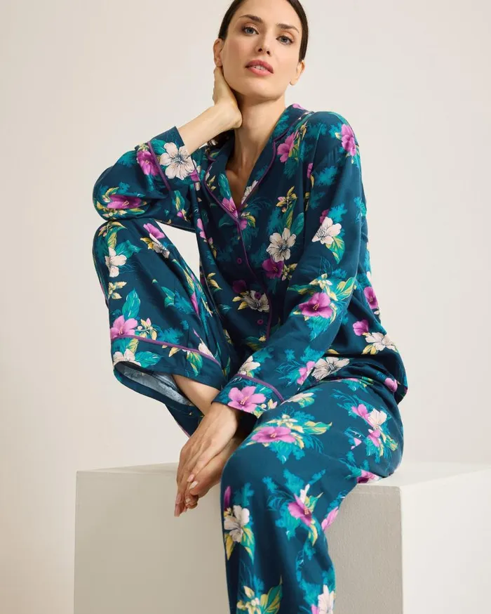 Tommy Bahama Sleepwear Woven Sateen Long Sleeve and Pants Pajama Set Summer Night 8211 Women