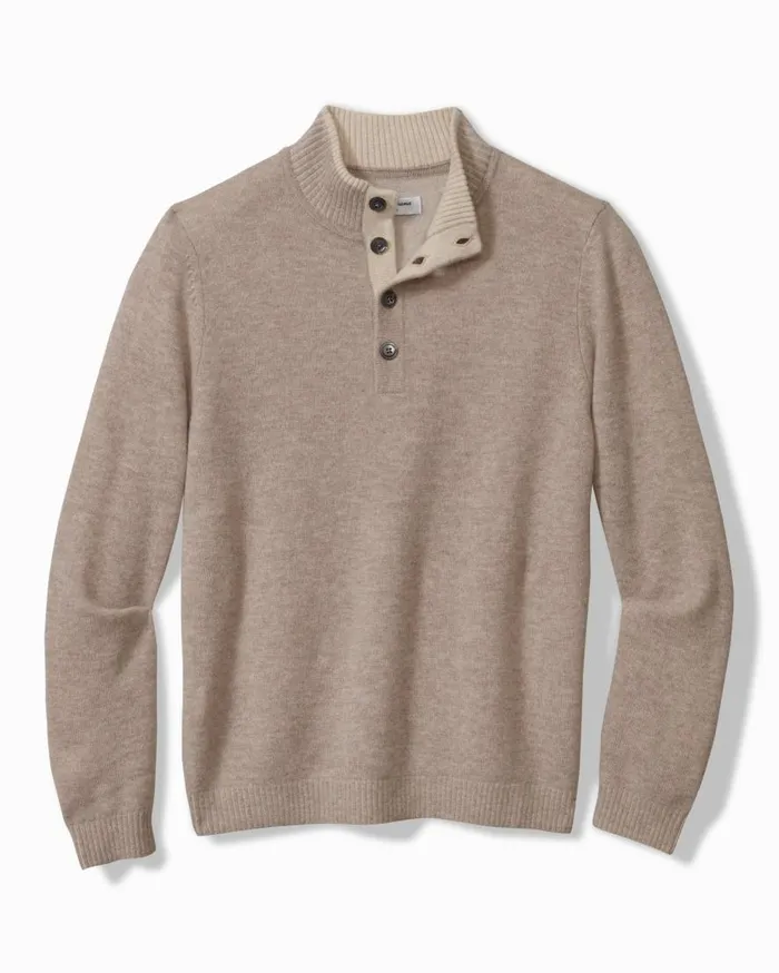 Tommy Bahama Sweaters Soft Sands Cashmere ButtonMock Sweater Taupe Heather 8211 Men