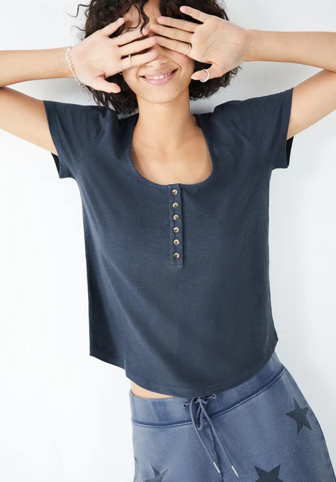 Tops and TShirts Women Hush Terri Slim Fit Henley TShirt Washed Black