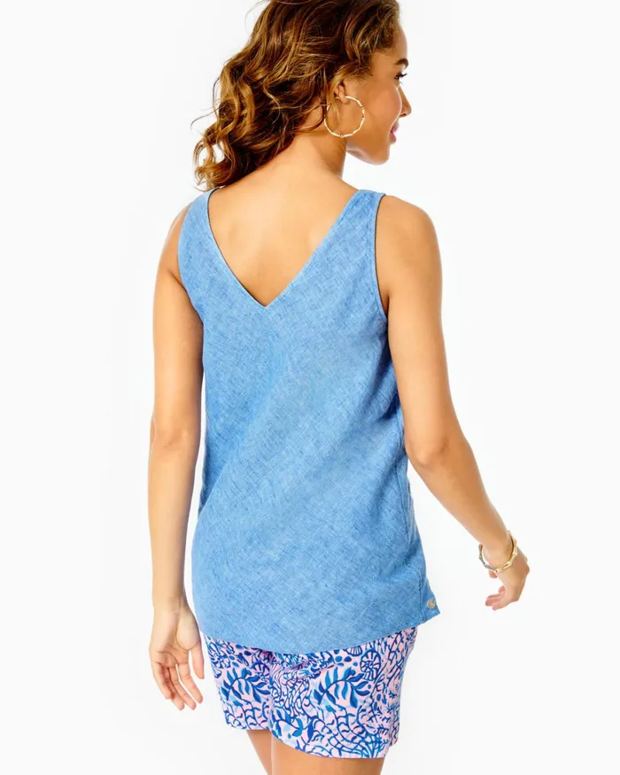 Tops Women Lilly Pulitzer Florin Sleeveless Linen Top Beckon Blue X Sea Salt Blue