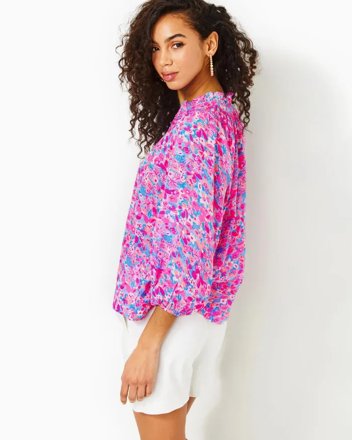 Tops Women Lilly Pulitzer Lourdes 34 Sleeve Cotton Top Aura Pink Baby Bloomer