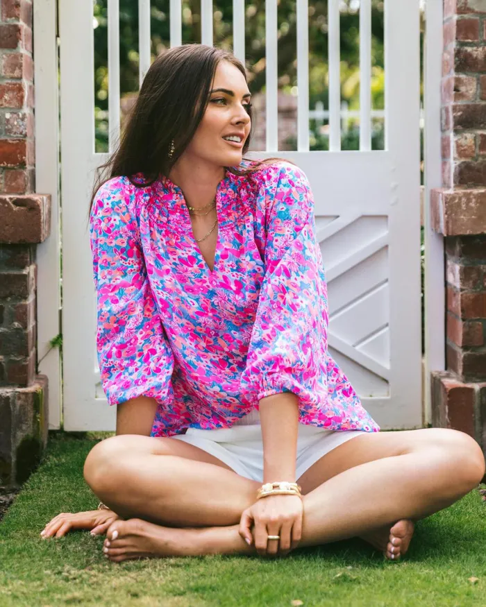 Tops Women Lilly Pulitzer Lourdes 34 Sleeve Cotton Top Aura Pink Baby Bloomer Tops Women Lilly Pulitzer Lourdes 34 Sleeve Cotton Top Aura Pink Baby Bloomer