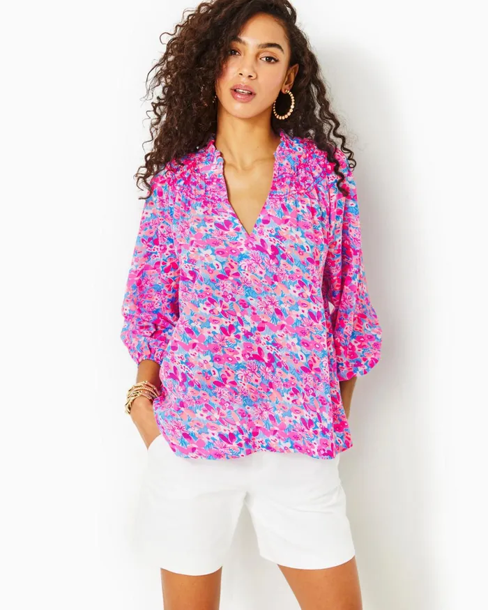 Tops Women Lilly Pulitzer Lourdes 34 Sleeve Cotton Top Aura Pink Baby Bloomer Tops Women Lilly Pulitzer Lourdes 34 Sleeve Cotton Top Aura Pink Baby Bloomer