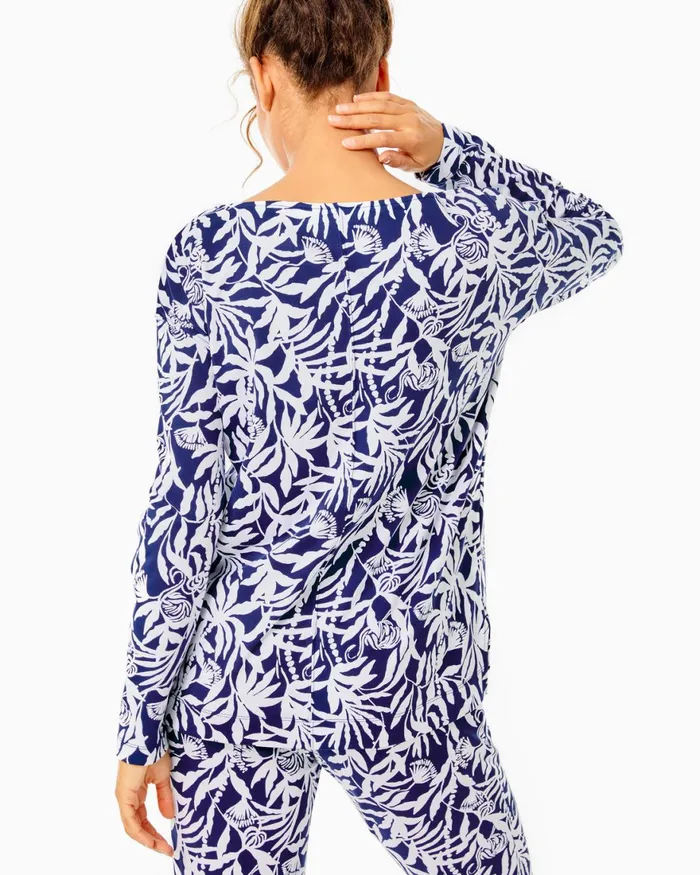 Tops Women Lilly Pulitzer UPF 50 Karessa Top Low Tide Navy Flocking To Paradise
