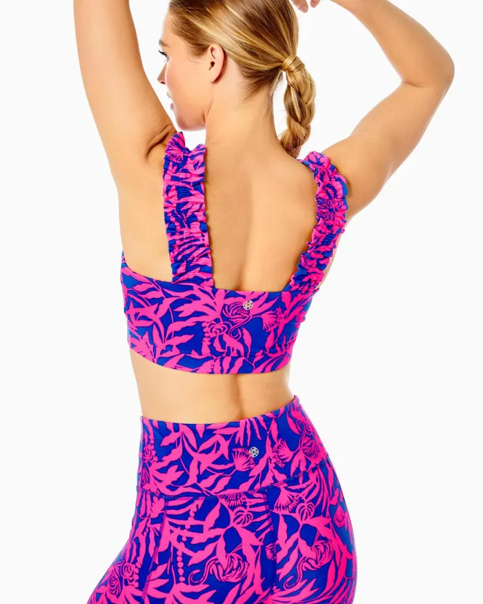Tops Women Lilly Pulitzer UPF 50 Luxletic Karena Ruffle Sports Bra Pink Grenadine Flocking To Paradise