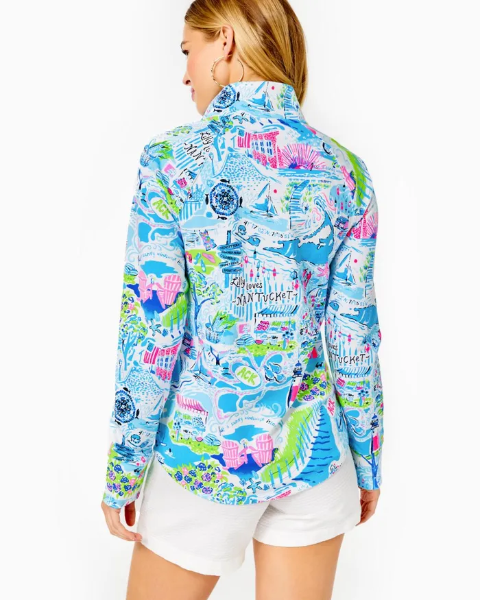 Tops Women Lilly Pulitzer UPF 50 Skipper Popover Whisper Blue Lilly Loves Nantucket
