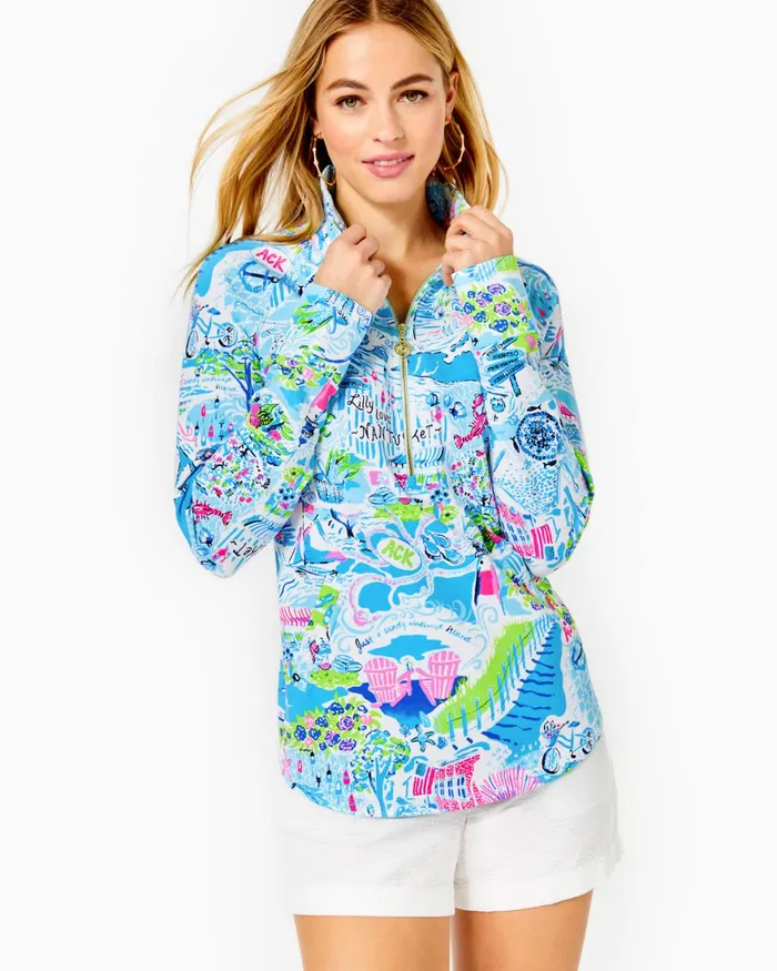 Tops Women Lilly Pulitzer UPF 50 Skipper Popover Whisper Blue Lilly Loves Nantucket Tops Women Lilly Pulitzer UPF 50 Skipper Popover Whisper Blue Lilly Loves Nantucket