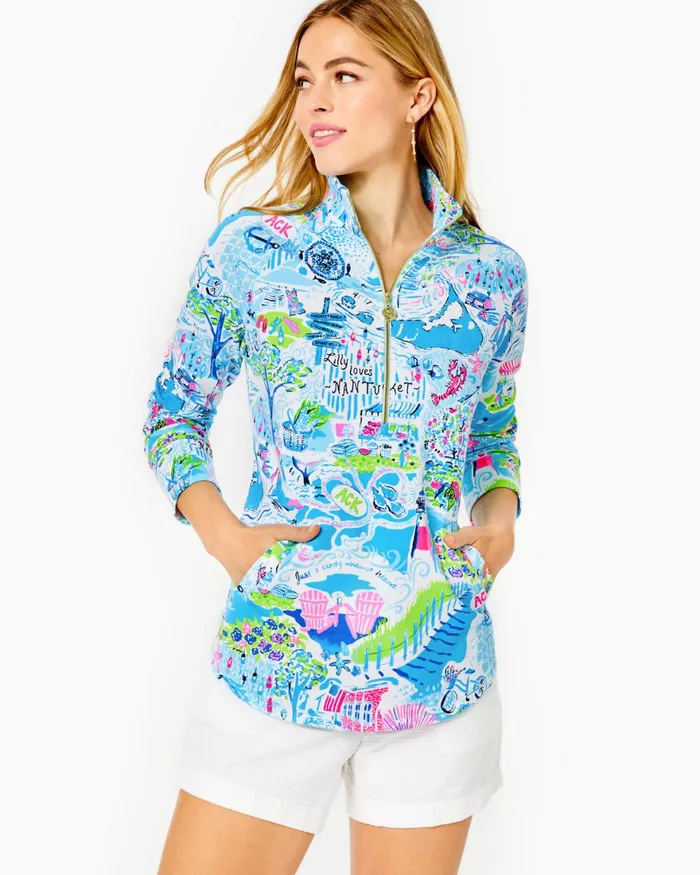 Tops Women Lilly Pulitzer UPF 50 Skipper Popover Whisper Blue Lilly Loves Nantucket Tops Women Lilly Pulitzer UPF 50 Skipper Popover Whisper Blue Lilly Loves Nantucket