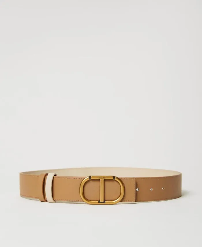 Twinset Belts Reversible Leather Belt With Oval T Buckle Twotone 034pale Hemp034 Beige Ivory 8211 Accessories