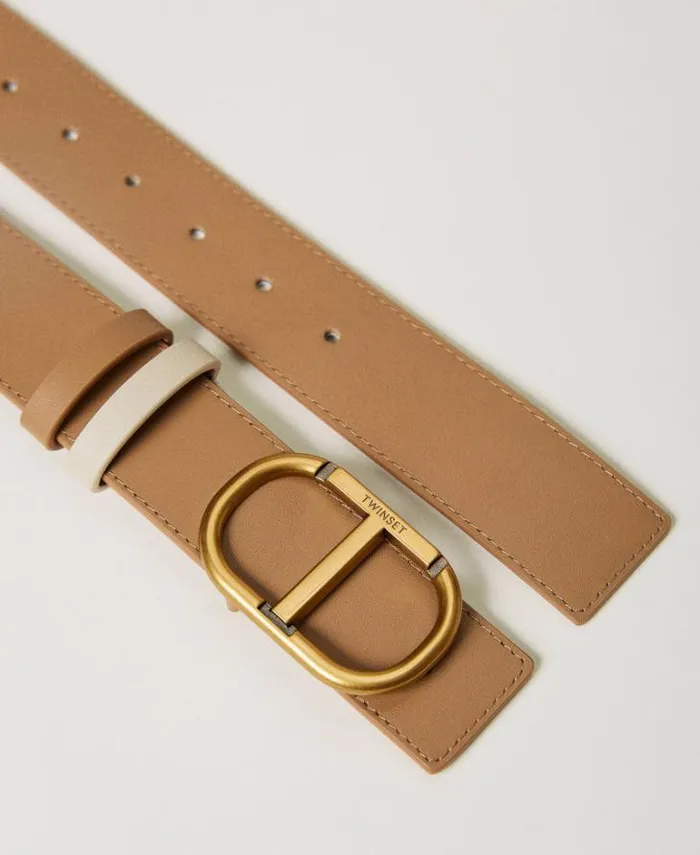 Twinset Belts Reversible Leather Belt With Oval T Buckle Twotone 034pale Hemp034 Beige Ivory 8211 Accessories