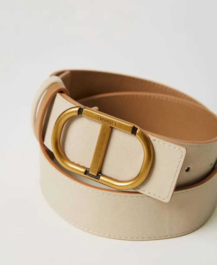 Twinset Belts Reversible Leather Belt With Oval T Buckle Twotone 034pale Hemp034 Beige Ivory 8211 Accessories