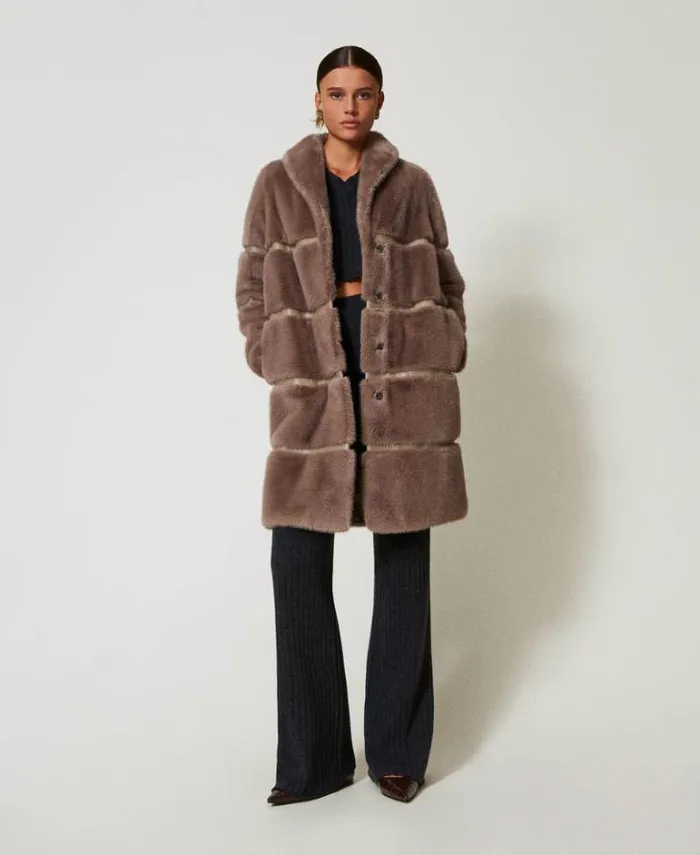 Twinset Coats And Trench Coats Faux Fur Coat With Inlays Dark Taupe 8211 Clothing