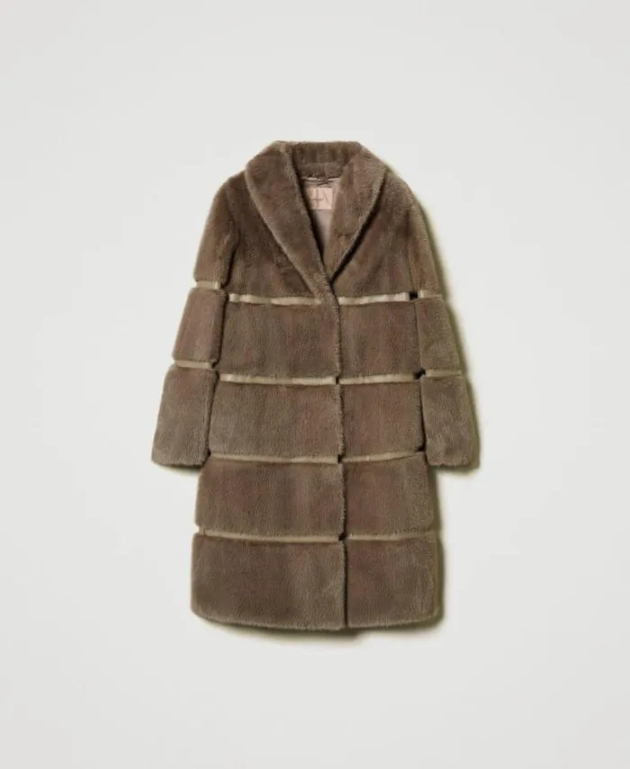 Twinset Coats And Trench Coats Faux Fur Coat With Inlays Dark Taupe 8211 Clothing