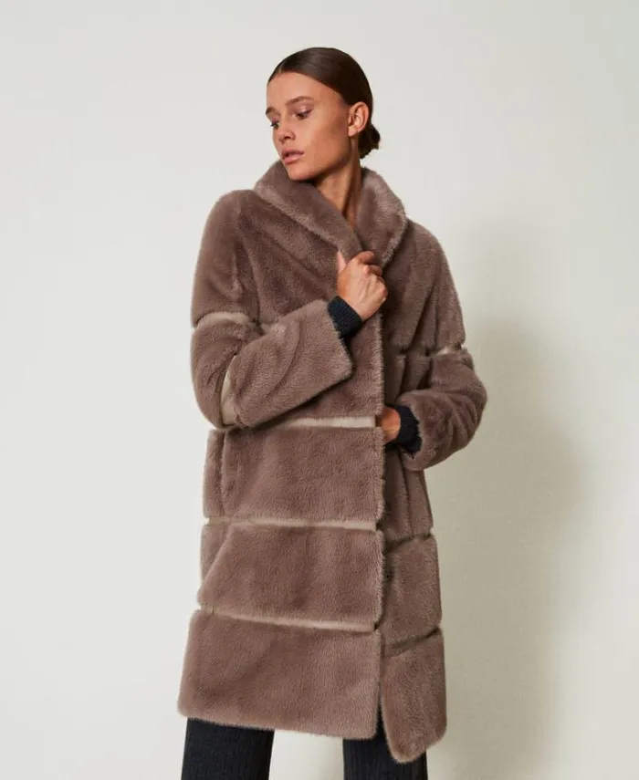 Twinset Coats And Trench Coats Faux Fur Coat With Inlays Dark Taupe 8211 Clothing
