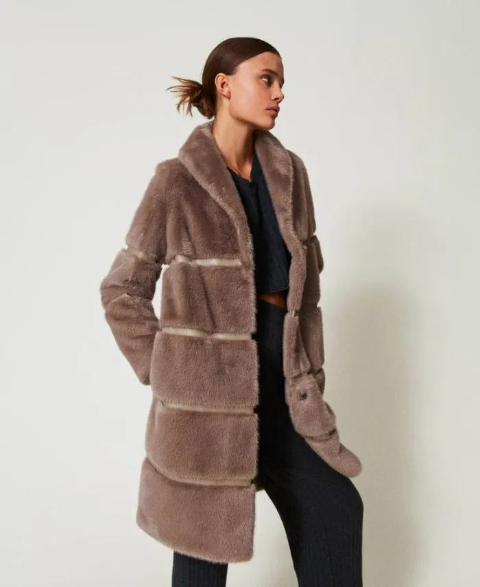 Twinset Coats And Trench Coats Faux Fur Coat With Inlays Dark Taupe 8211 Clothing