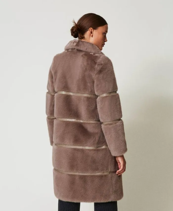 Twinset Coats And Trench Coats Faux Fur Coat With Inlays Dark Taupe 8211 Clothing