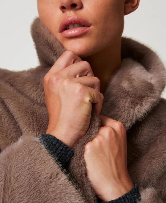 Twinset Coats And Trench Coats Faux Fur Coat With Inlays Dark Taupe 8211 Clothing