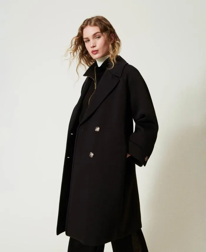 Twinset Coats And Trench Coats Scuba Fabric Double Breasted Coat Black 8211 Clothing