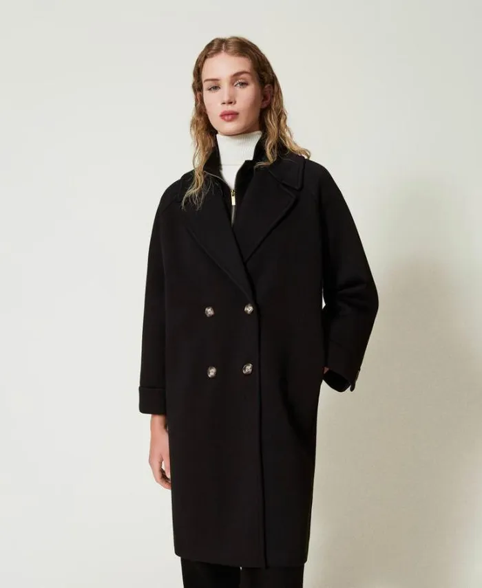 Twinset Coats And Trench Coats Scuba Fabric Double Breasted Coat Black 8211 Clothing
