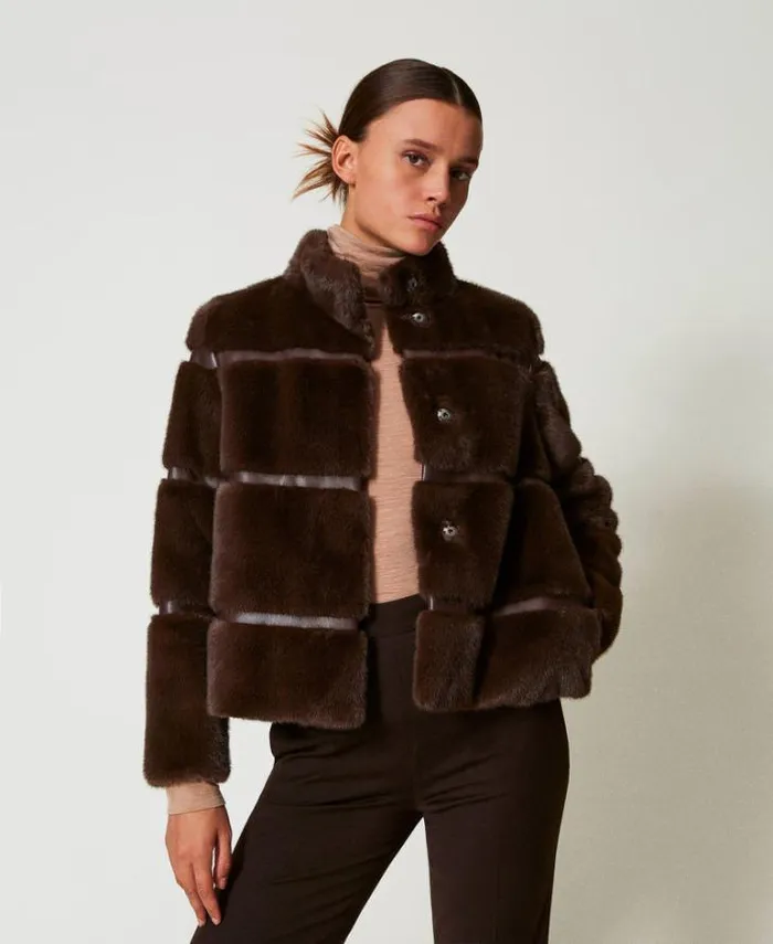 Twinset Coats And Trench Coats Short Faux Fur Coat With Inlays Coffee Chocolate 8211 Clothing Twinset Coats And Trench Coats Short Faux Fur Coat With Inlays Coffee Chocolate 8211 Clothing