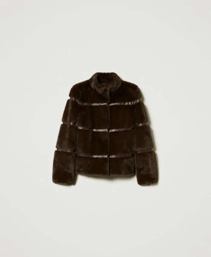 Twinset Coats And Trench Coats Short Faux Fur Coat With Inlays Coffee Chocolate 8211 Clothing