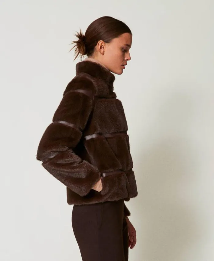 Twinset Coats And Trench Coats Short Faux Fur Coat With Inlays Coffee Chocolate 8211 Clothing